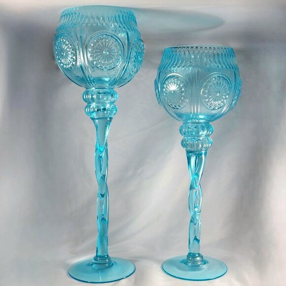 Italian Blue Depression Glass Vase Set Empoli Italy Adeline Twisted Stem 16" 14"